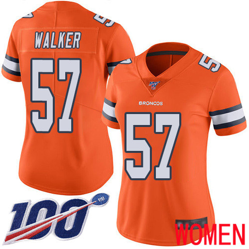 Women Denver Broncos 57 Demarcus Walker Limited Orange Rush Vapor Untouchable 100th Season Football NFL Jersey